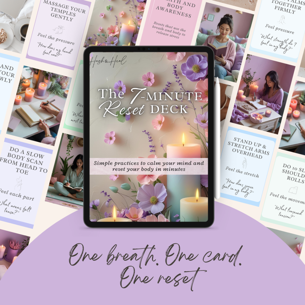 Printable 7-minute stress reset deck with guided grounding practices and reflection prompts to relieve stress in minutes.