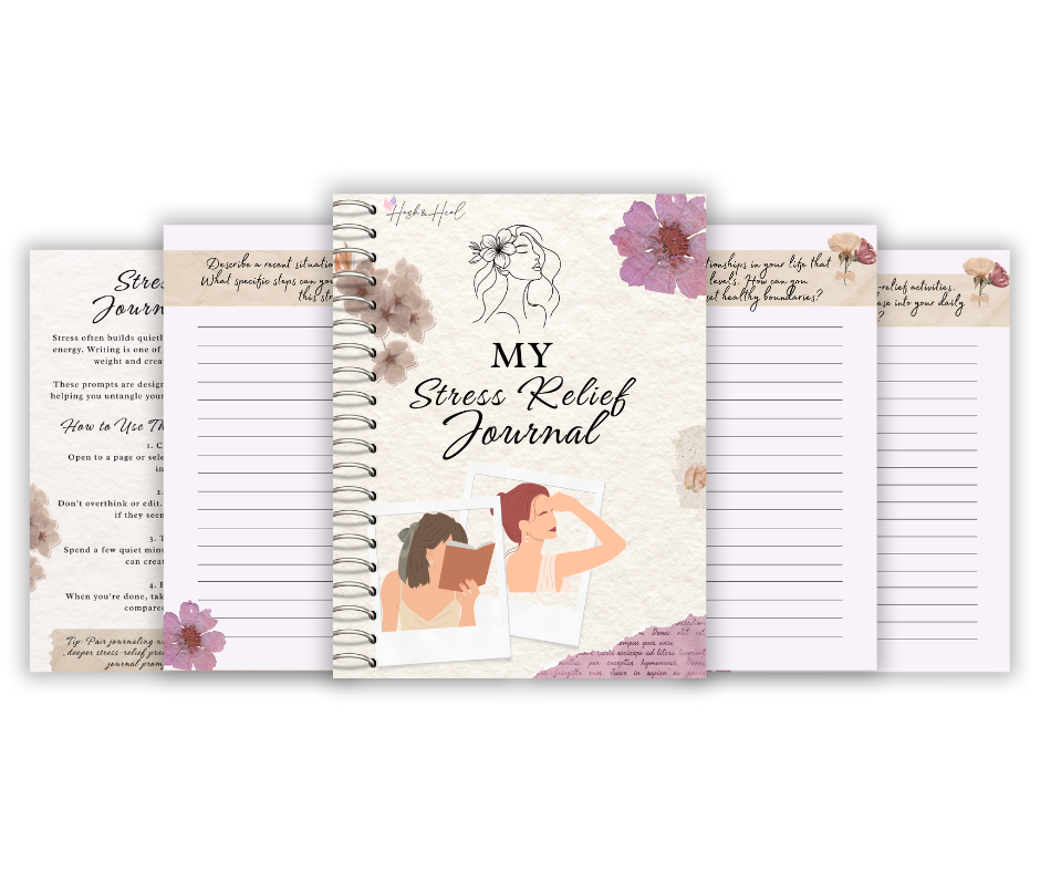 Stress-relief journal prompts for mindfulness and emotional balance, designed to reduce anxiety and restore calm.